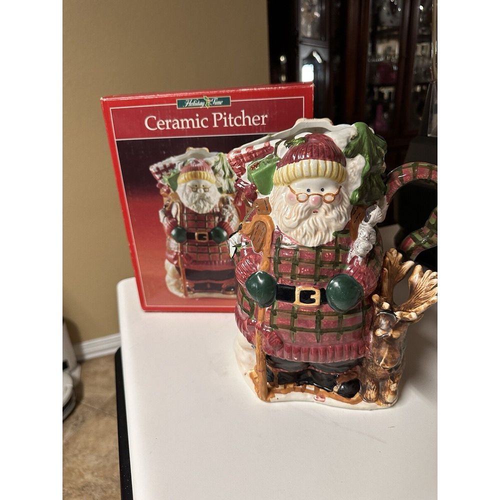 Vintage Holiday Time‎ Ceramic pitcher Santa with reindeer